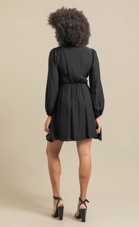 Linen Look LS Skater Dress Black