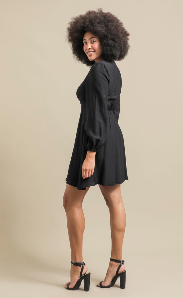 Linen Look LS Skater Dress Black