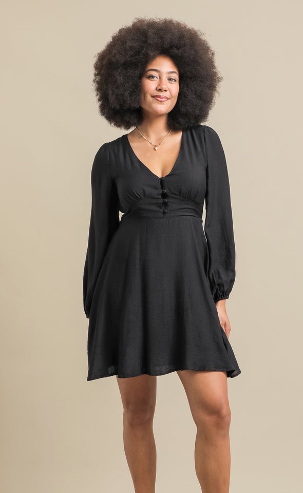 Linen Look LS Skater Dress Black