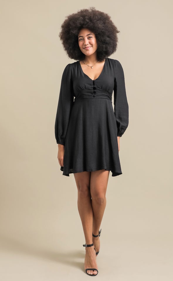 Linen Look LS Skater Dress Black
