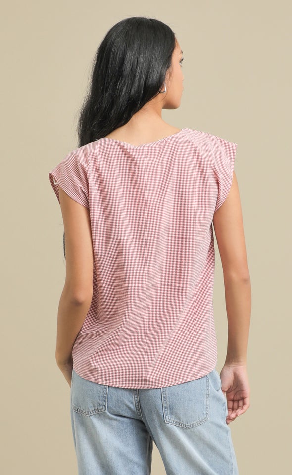 Linen Look Scoop Neck Top Cream/red