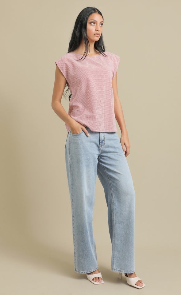 Linen Look Scoop Neck Top Cream/red