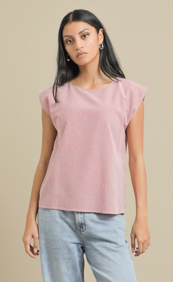 Linen Look Scoop Neck Top Cream/red