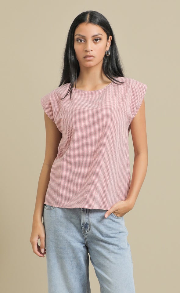 Linen Look Scoop Neck Top Cream/red