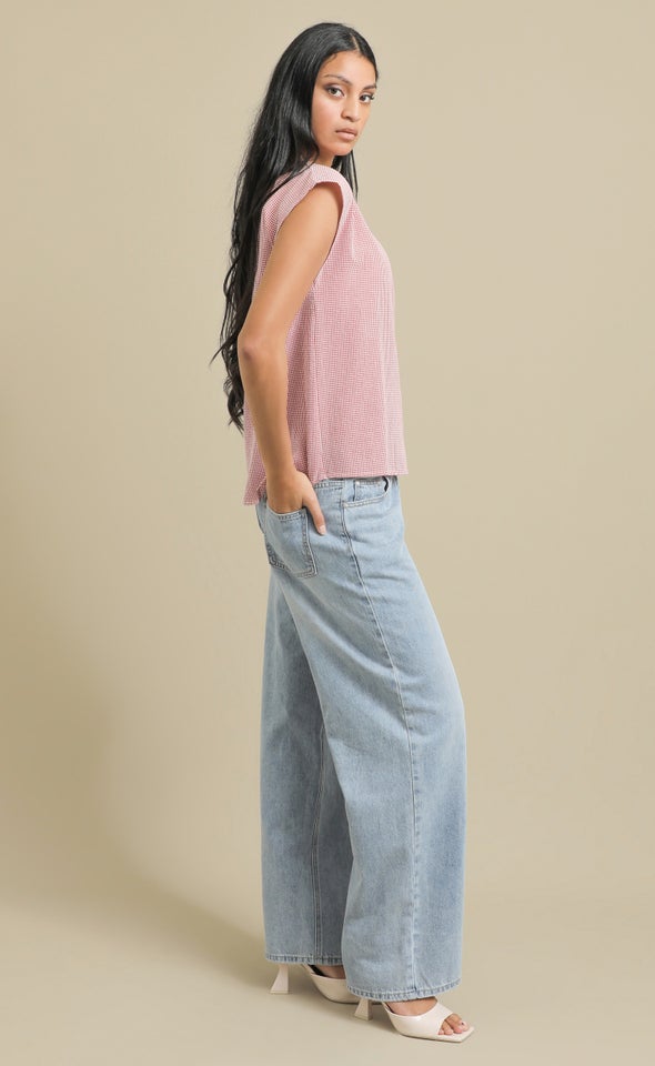 Linen Look Scoop Neck Top Cream/red