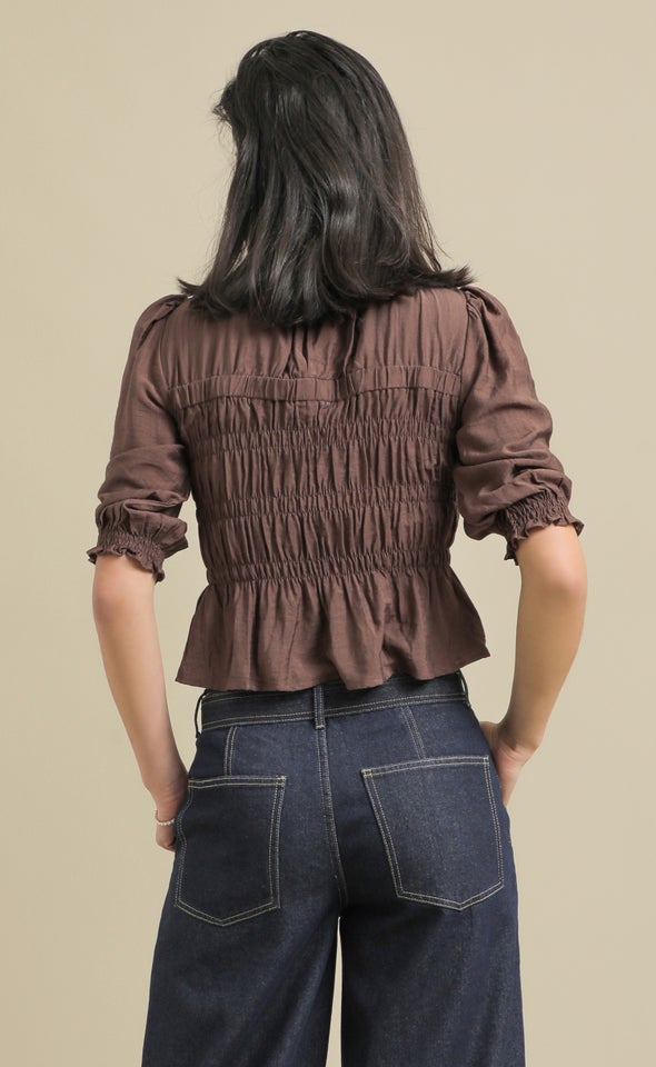 Linen Look Shirred Top Cocoa