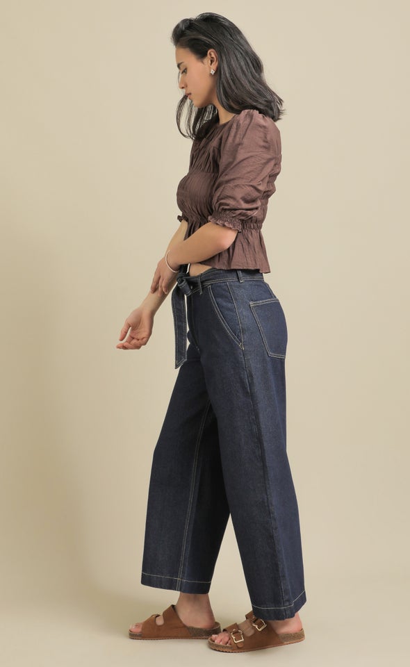 Linen Look Shirred Top Cocoa