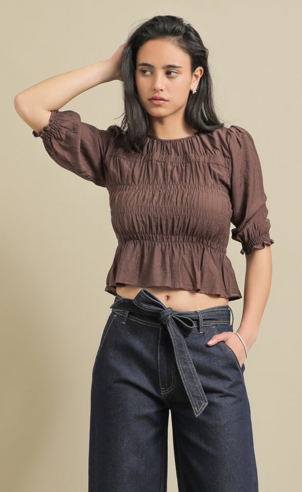 Linen Look Shirred Top Cocoa