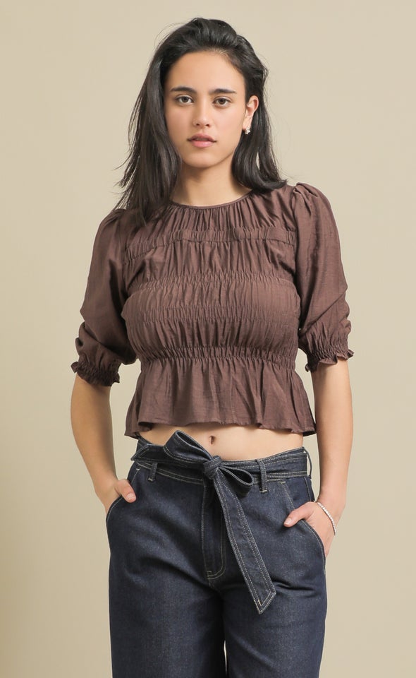 Linen Look Shirred Top Cocoa