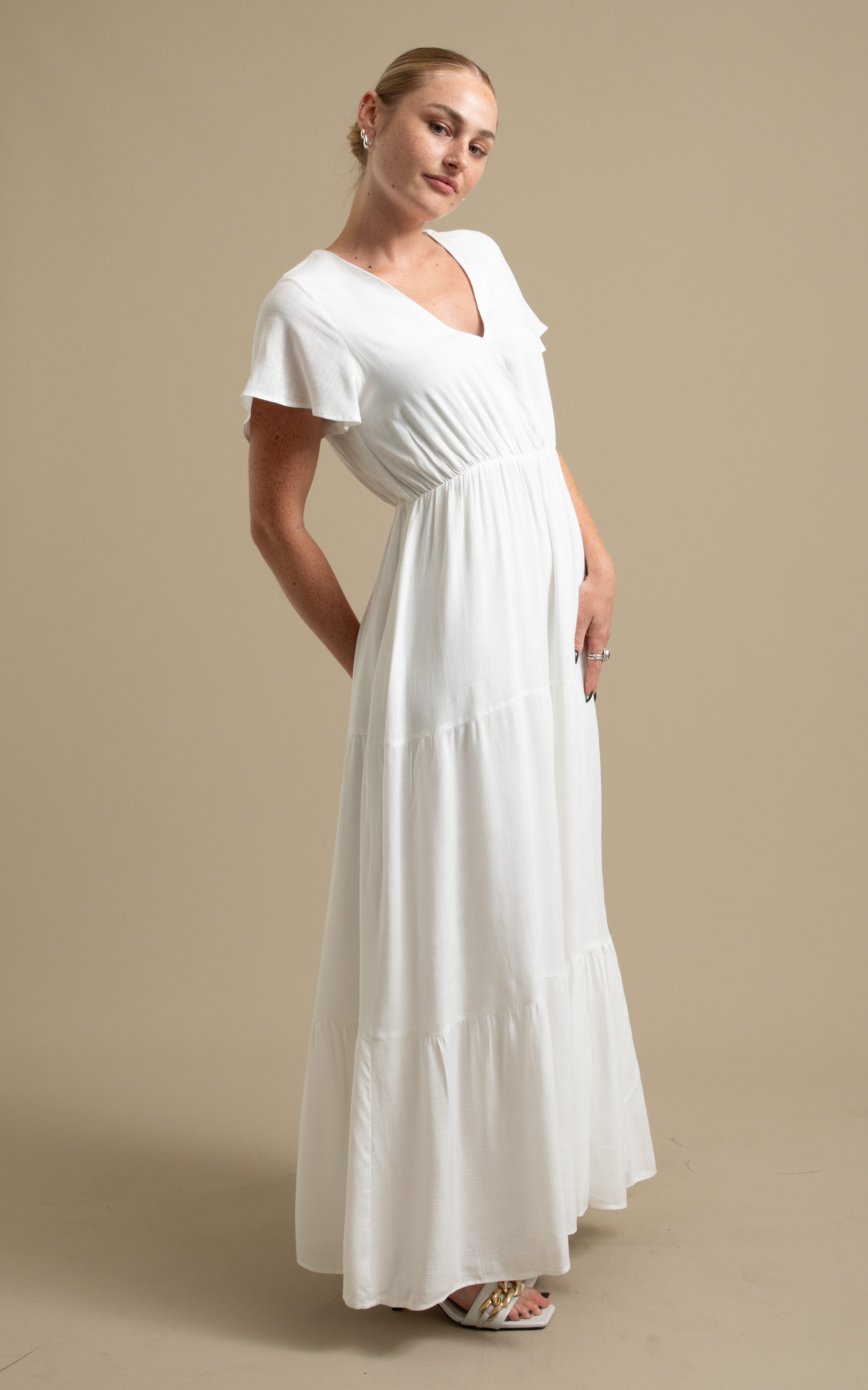 Shop our Linen Look Slv Tier Maxi in Cream | Pagani Shop our Linen Look Slv Tier Maxi in Cream | Pagani