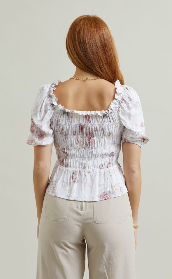 Linen Look Square Neck Shirred Top Cream/floral
