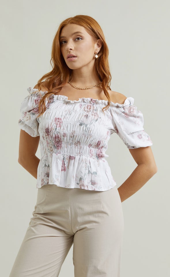 Linen Look Square Neck Shirred Top Cream/floral