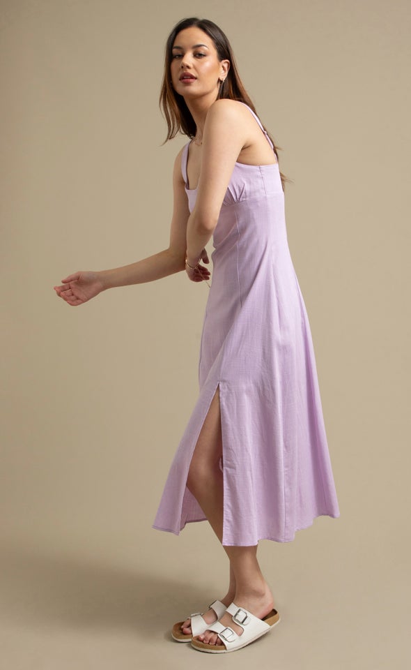 Linen Look Sweetheart Midi Dress Lilac