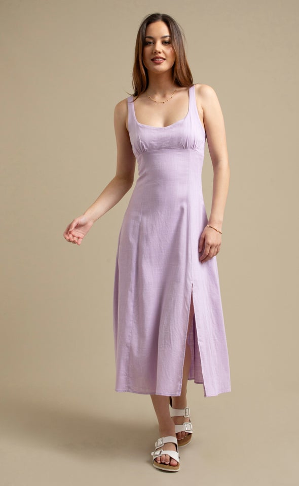 Linen Look Sweetheart Midi Dress Lilac