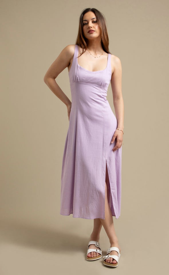 Linen Look Sweetheart Midi Dress Lilac