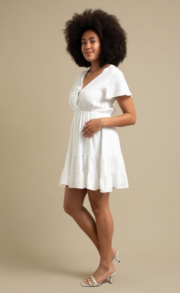 Linen Look Tier Skirt Dress Cream