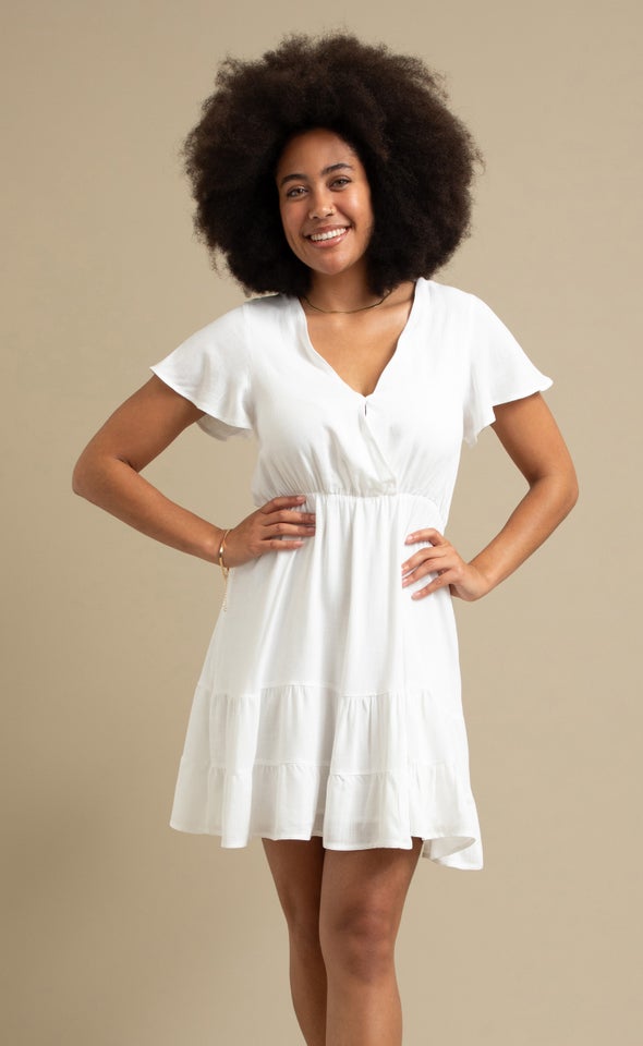 Linen Look Tier Skirt Dress Cream