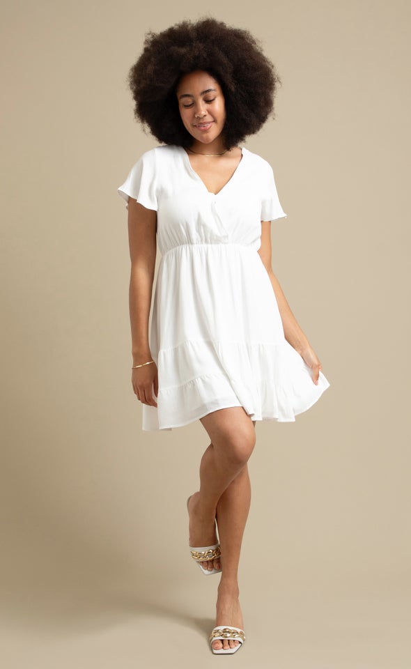 Linen Look Tier Skirt Dress Cream