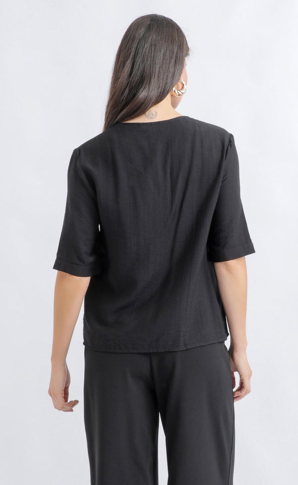 Linen Look V Neck Shirt Black