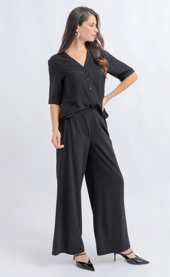 Linen Look V Neck Shirt Black