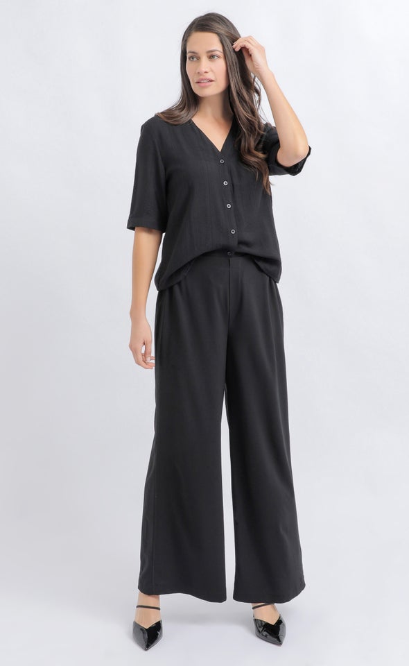 Linen Look V Neck Shirt Black