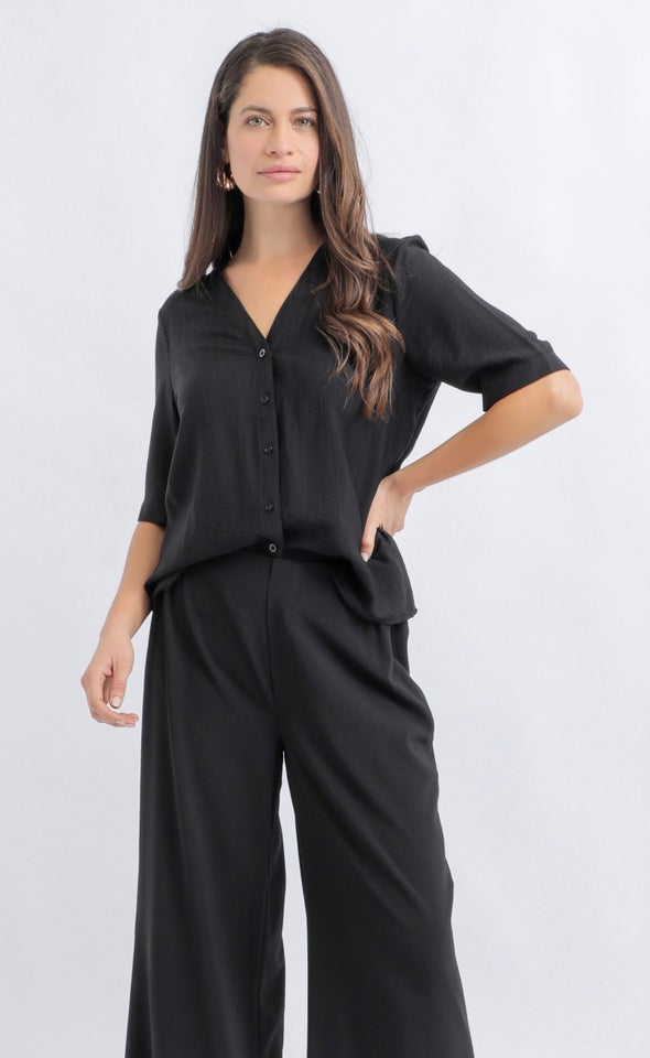 Linen Look V Neck Shirt Black