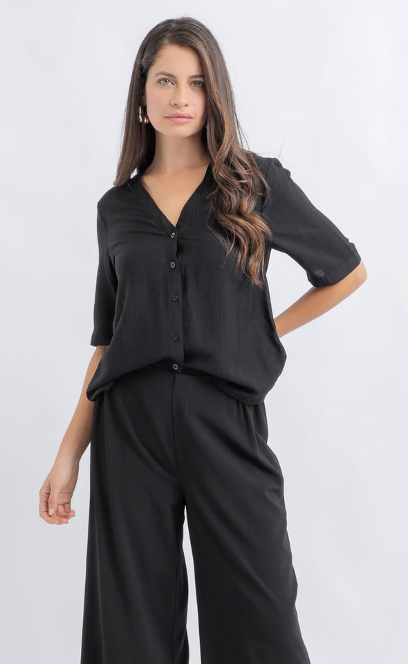 Linen Look V Neck Shirt Black