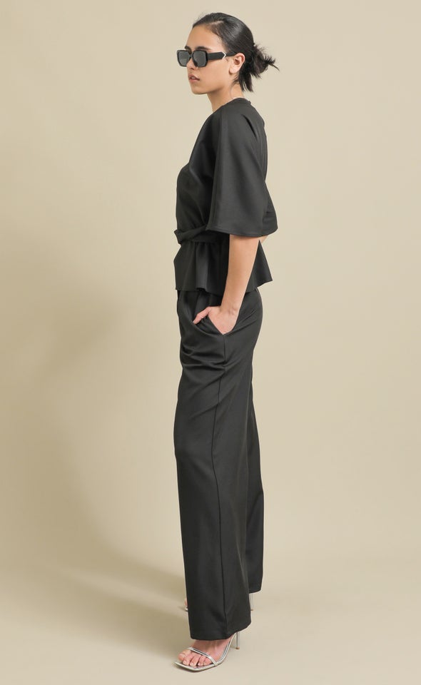 Linen Look Wide Leg Pants Black