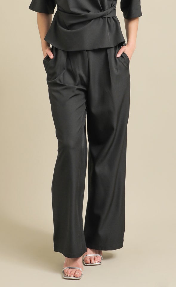 Linen Look Wide Leg Pants Black