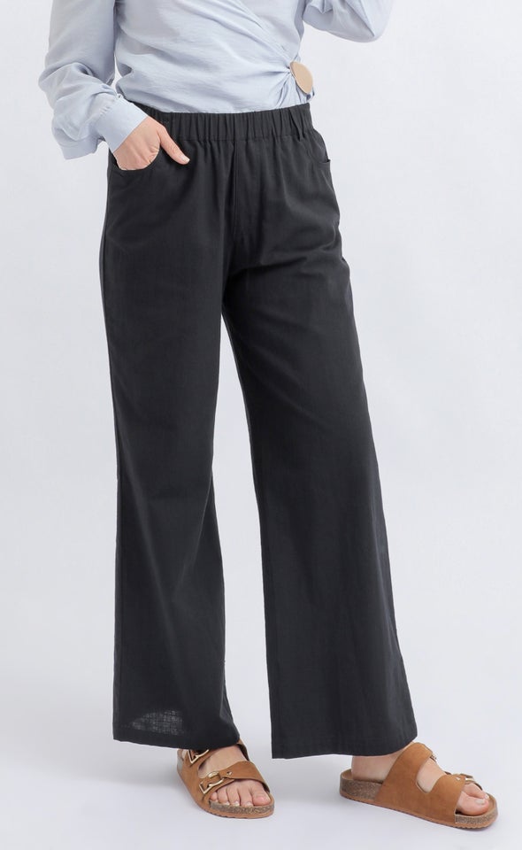Linen Look Wide Leg Pants Black