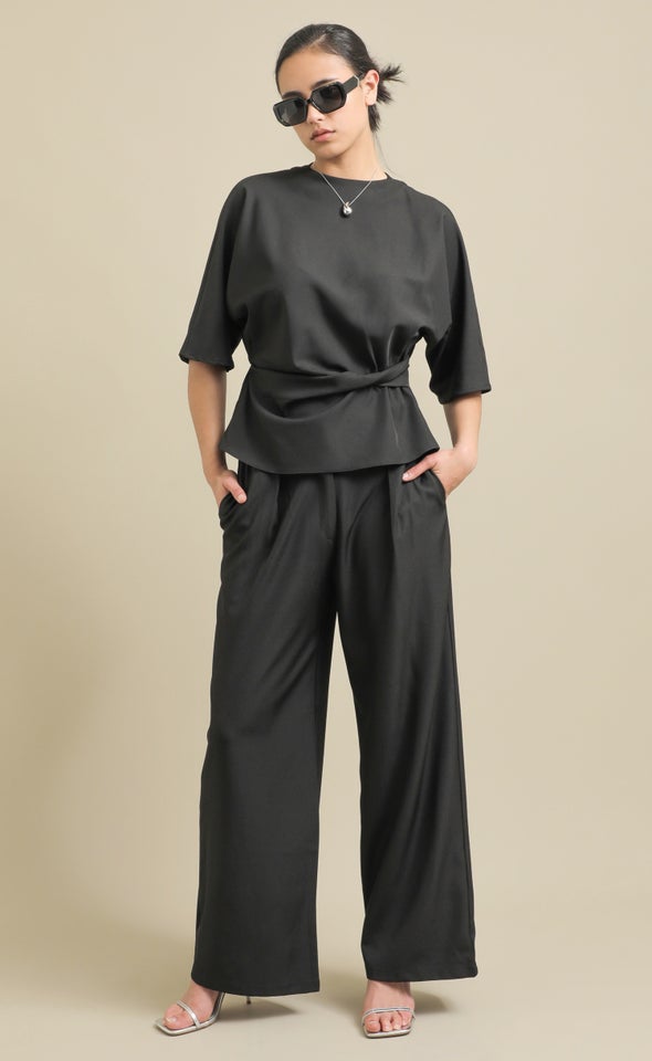 Linen Look Wide Leg Pants Black