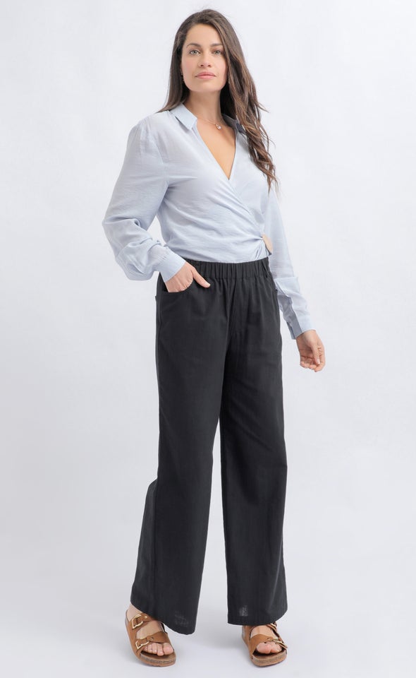 Linen Look Wide Leg Pants Black