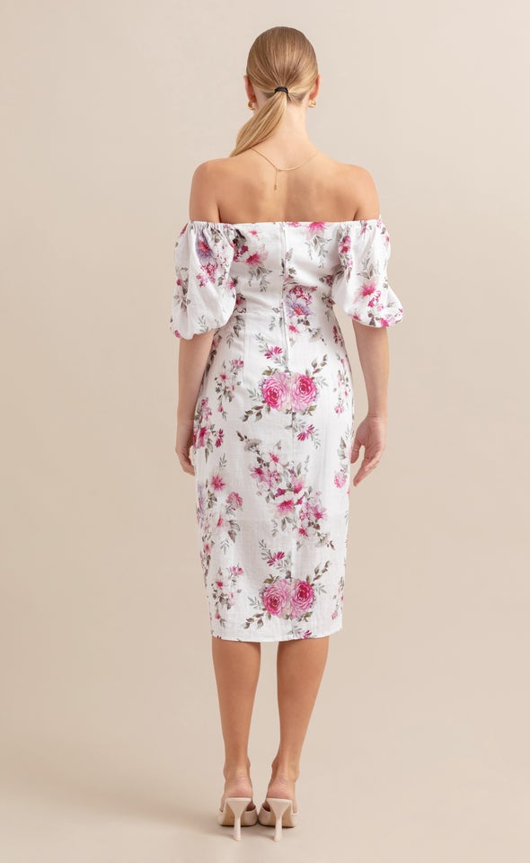 Linen Puff Sleeve Wrap Dress Cream/pink