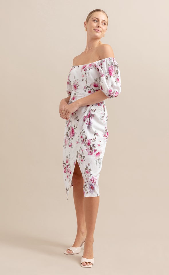 Linen Puff Sleeve Wrap Dress Cream/pink