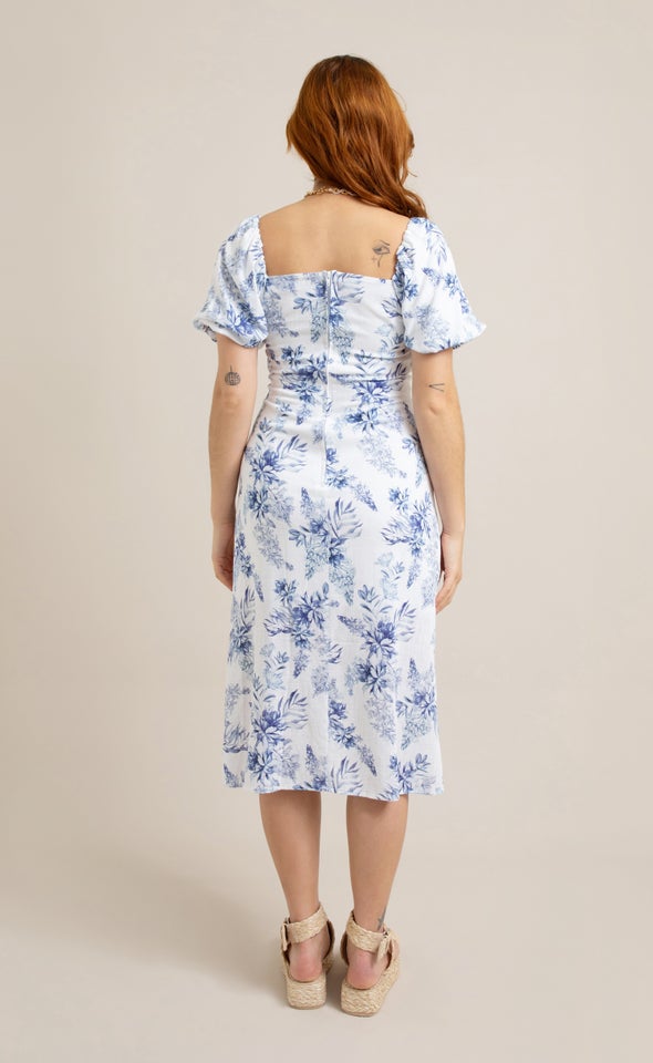 Linen Square Neck Midi Dress Cream/blue
