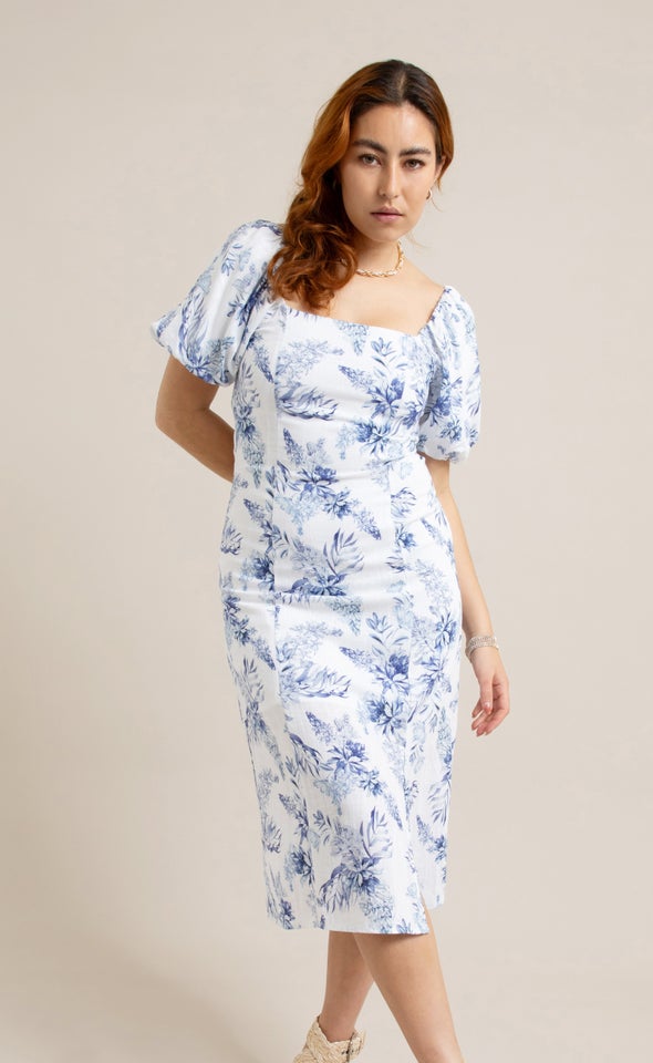 Linen Square Neck Midi Dress Cream/blue