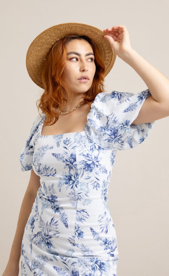 Linen Square Neck Midi Dress Cream/blue