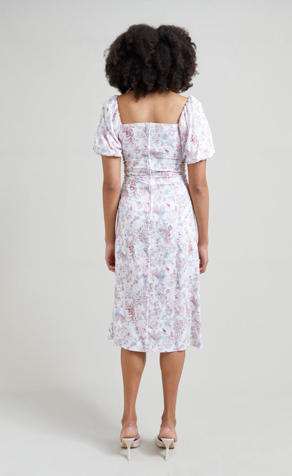 Linen Square Neck Midi Dress Cream/floral