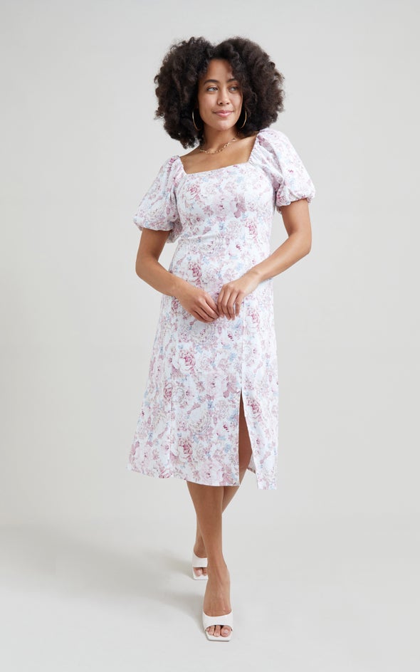 Linen Square Neck Midi Dress Cream/floral