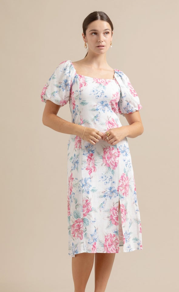 Linen Square Neck Midi Dress Cream/floral