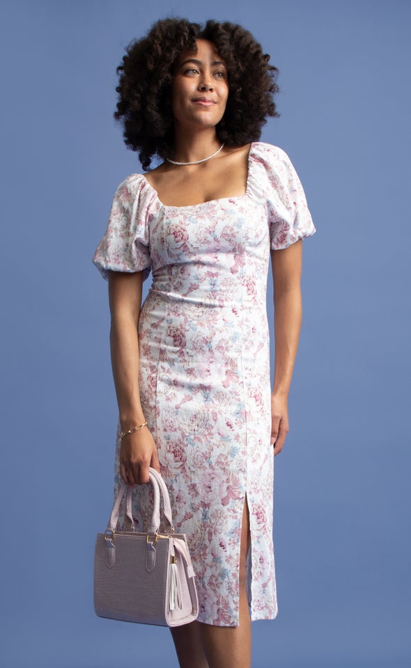 Linen Square Neck Midi Dress Cream/floral