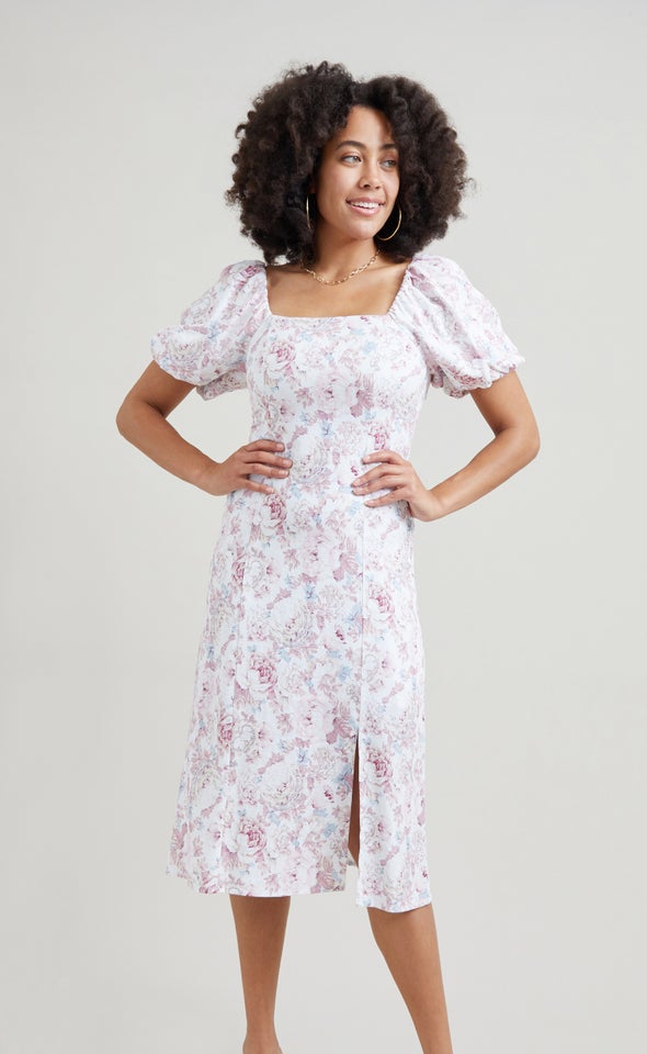 Linen Square Neck Midi Dress Cream/floral