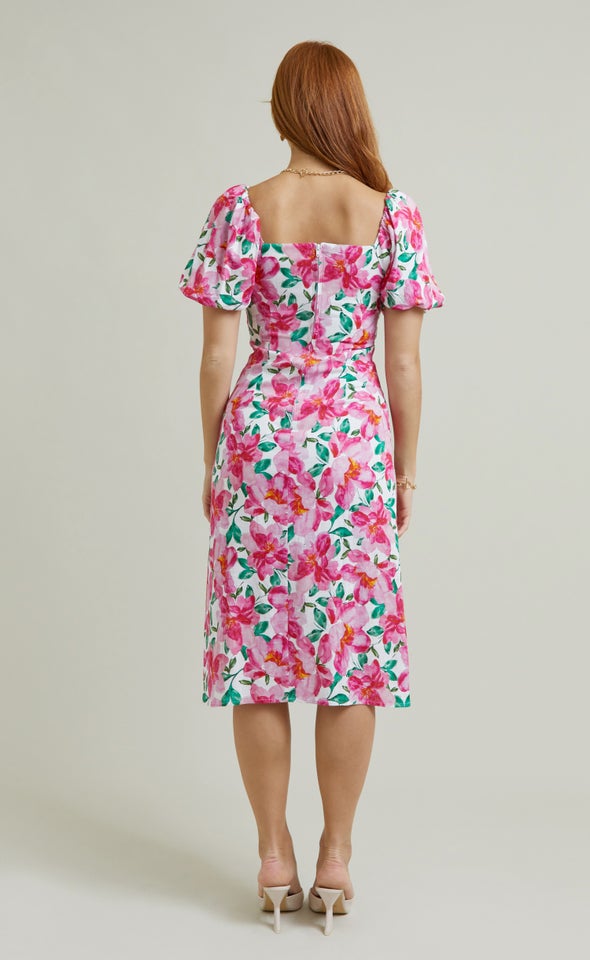 Linen Square Neck Midi Dress Cream/pink