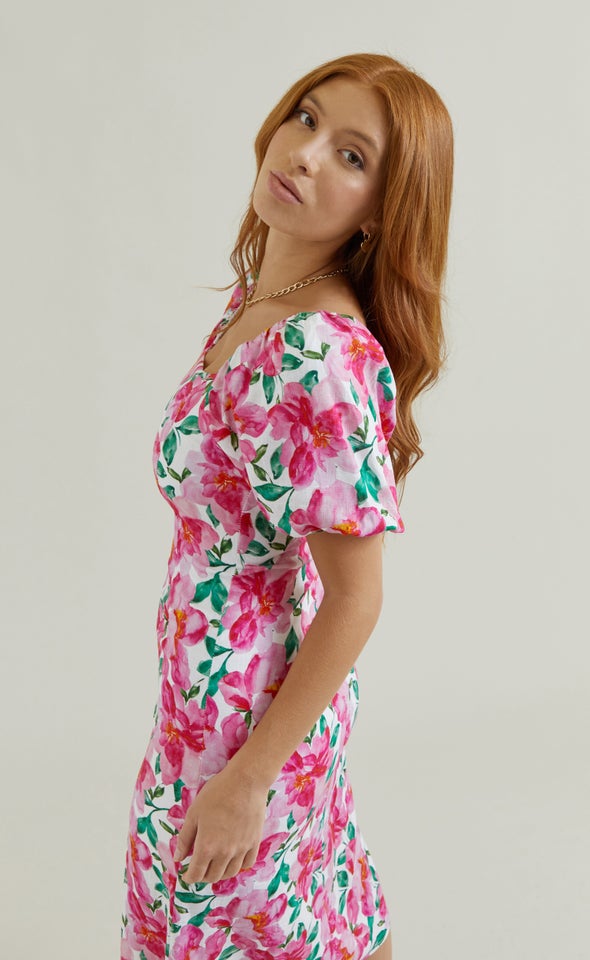 Linen Square Neck Midi Dress Cream/pink