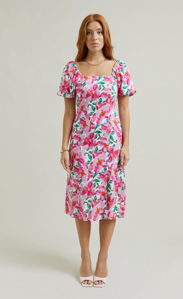 Linen Square Neck Midi Dress Cream/pink