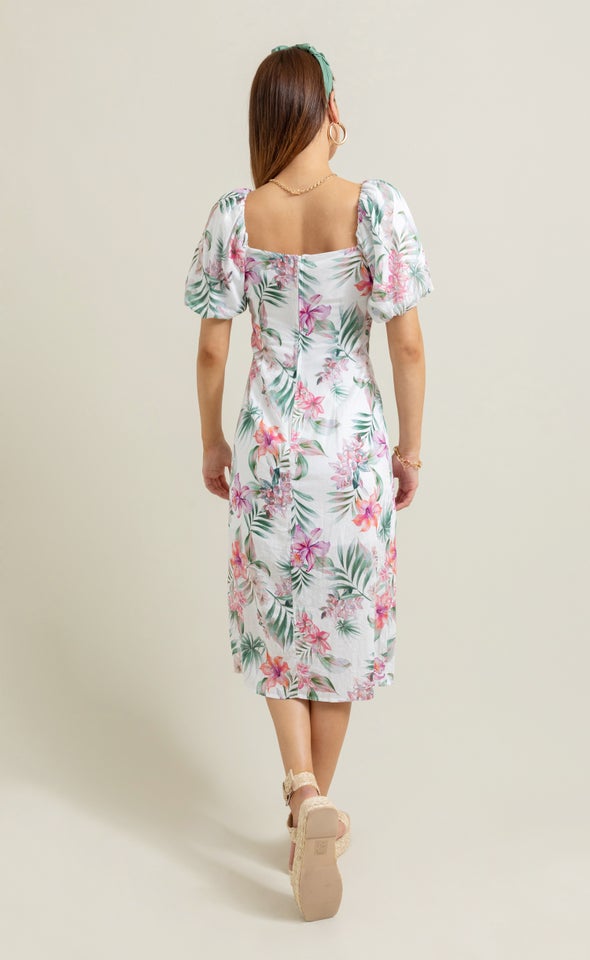Linen Square Neck Midi Dress Cream/tropical