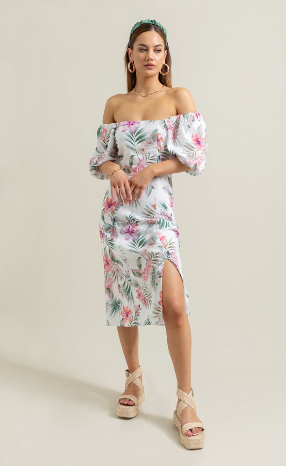 Linen Square Neck Midi Dress Cream/tropical