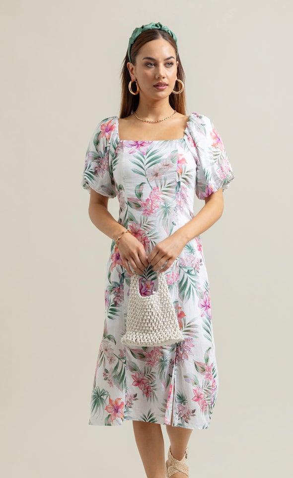 Linen Square Neck Midi Dress Cream/tropical