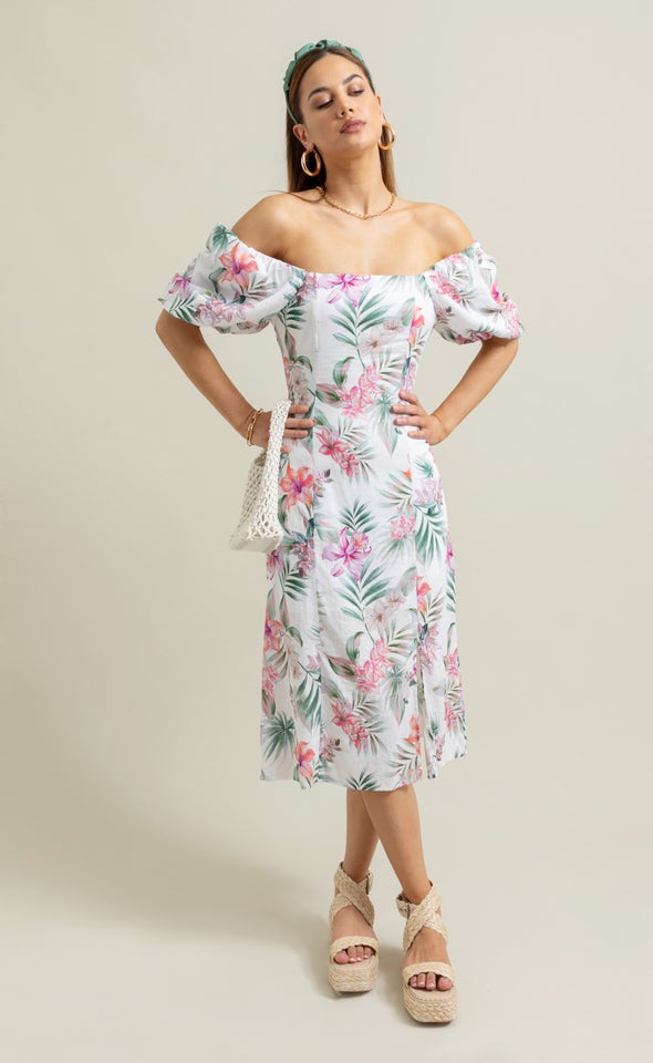 Linen Square Neck Midi Dress Cream/tropical