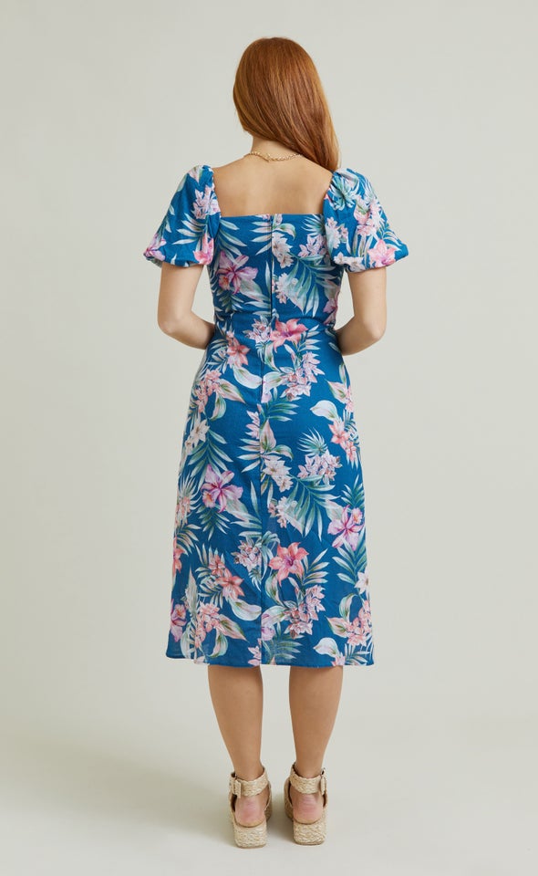 Linen Square Neck Midi Dress Teal/tropical